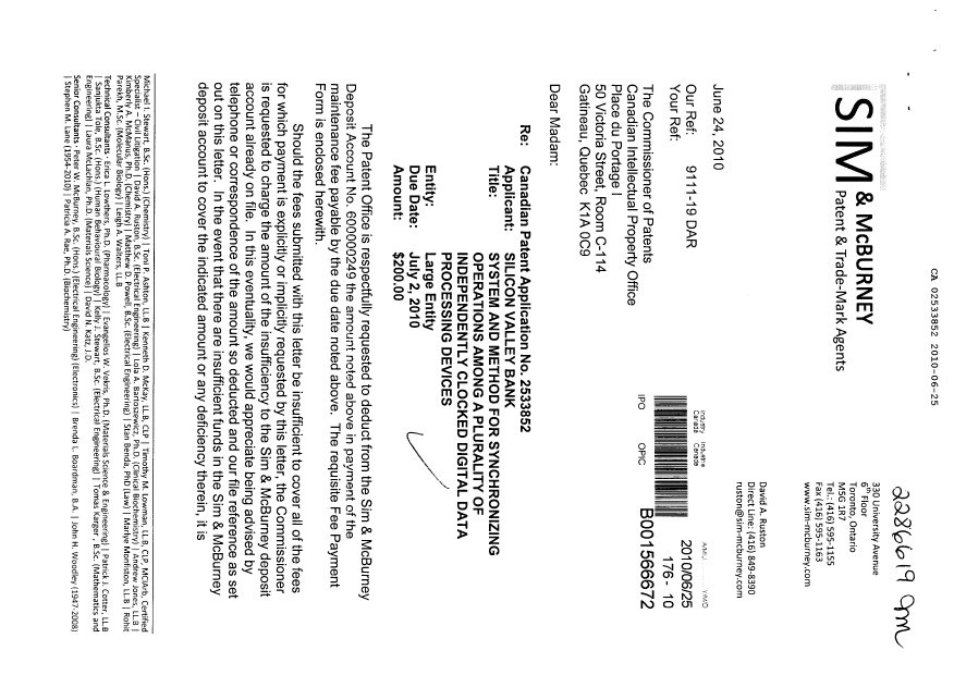 Document de brevet canadien 2533852. Taxes 20100625. Image 1 de 2