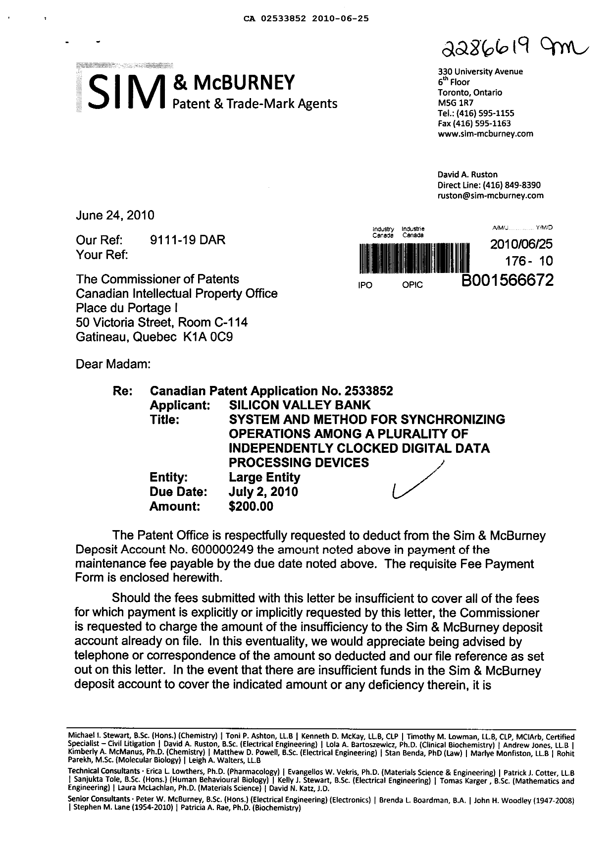 Document de brevet canadien 2533852. Taxes 20100625. Image 1 de 2