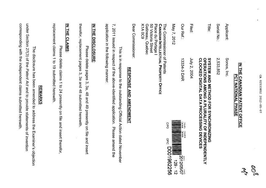 Canadian Patent Document 2533852. Prosecution-Amendment 20120507. Image 1 of 10
