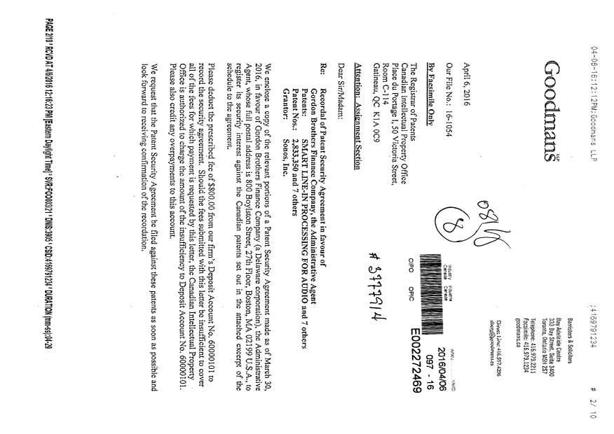 Document de brevet canadien 2533852. Cession 20160406. Image 1 de 10
