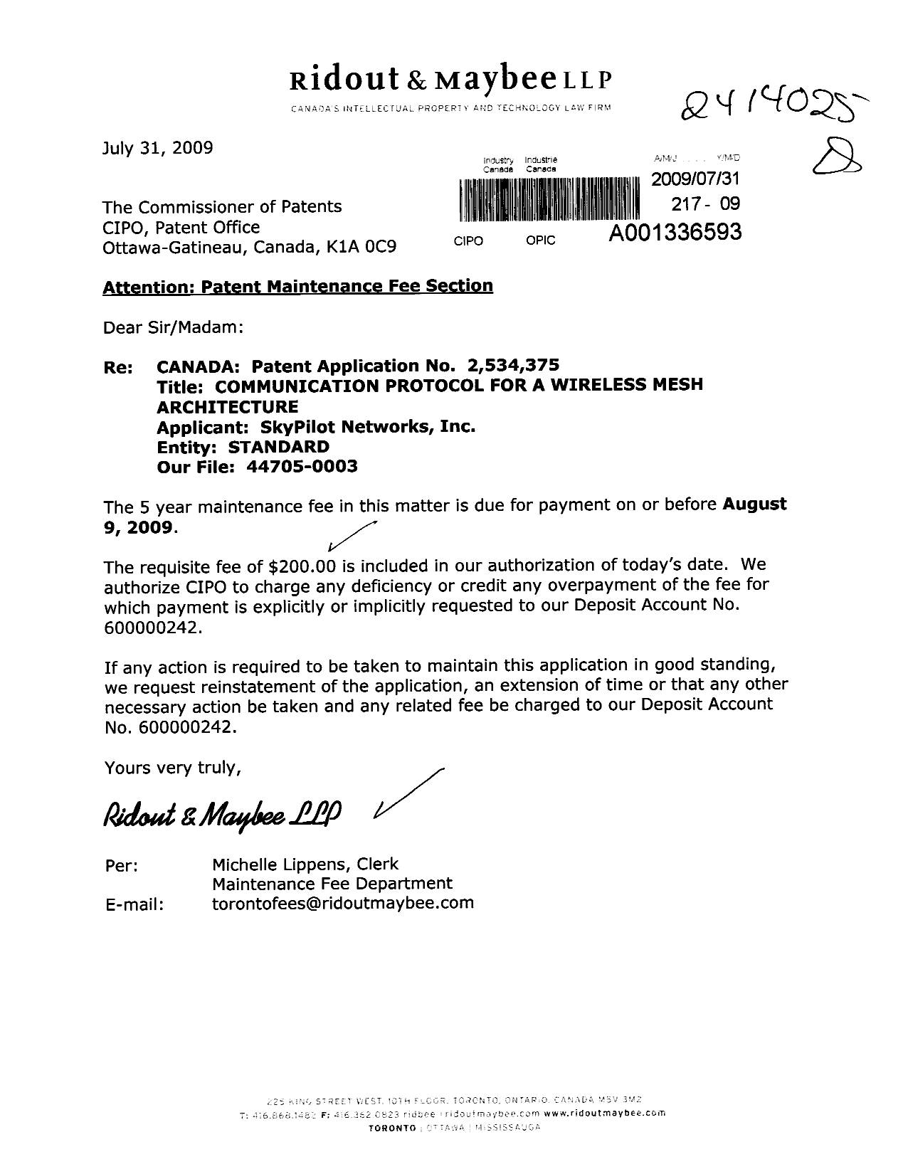 Document de brevet canadien 2534375. Taxes 20090731. Image 1 de 1