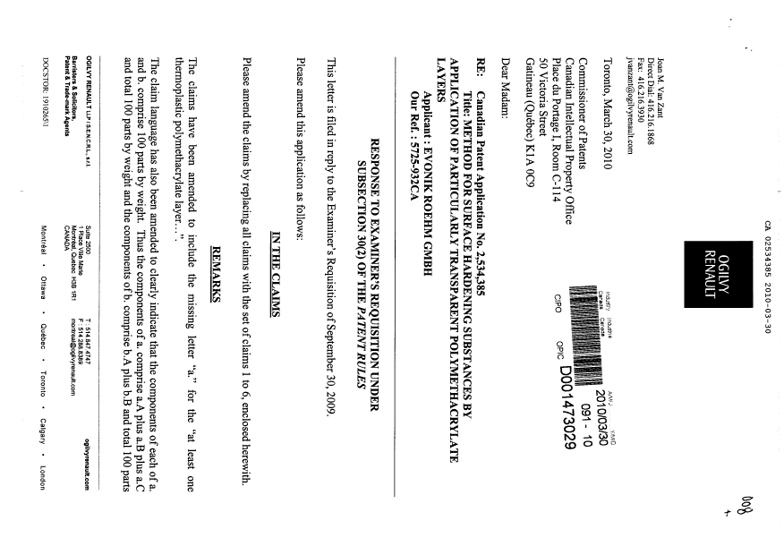 Document de brevet canadien 2534385. Poursuite-Amendment 20100330. Image 1 de 22