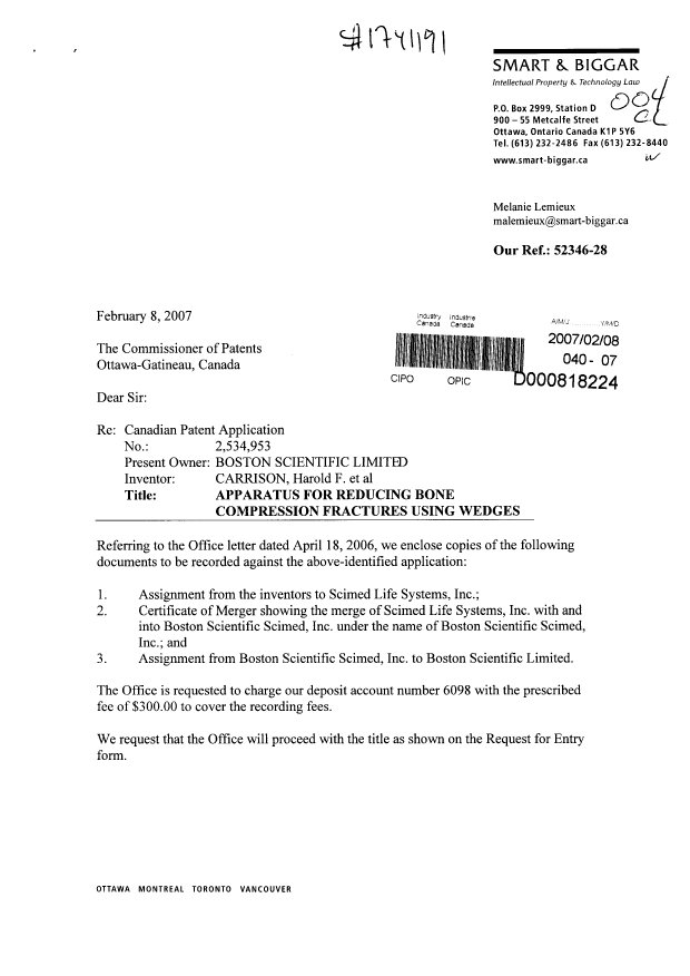 Document de brevet canadien 2534953. Cession 20070208. Image 1 de 12