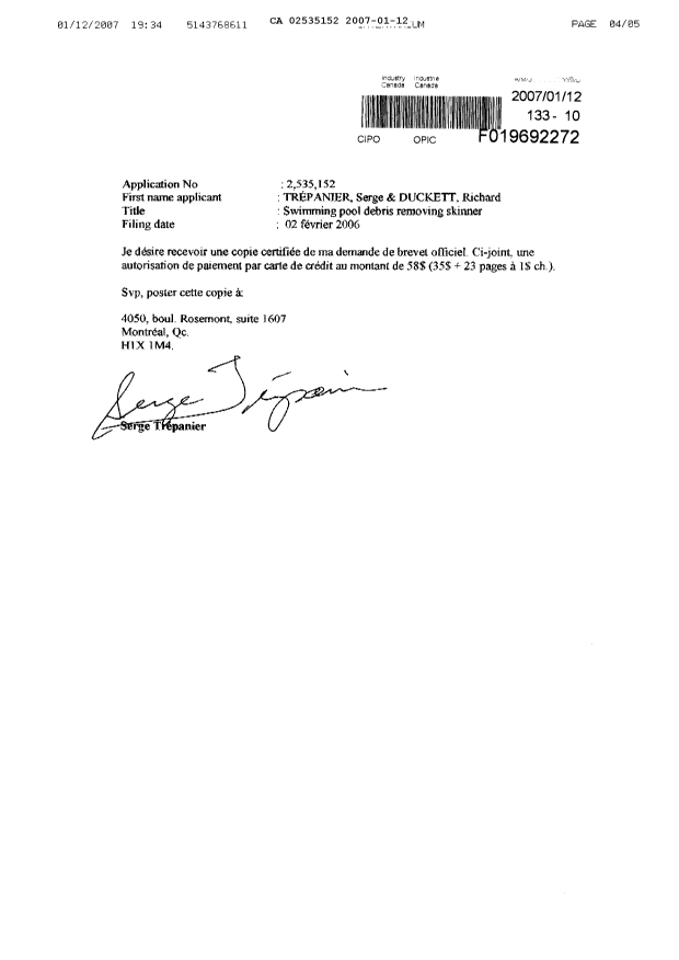 Canadian Patent Document 2535152. Correspondence 20070112. Image 2 of 5