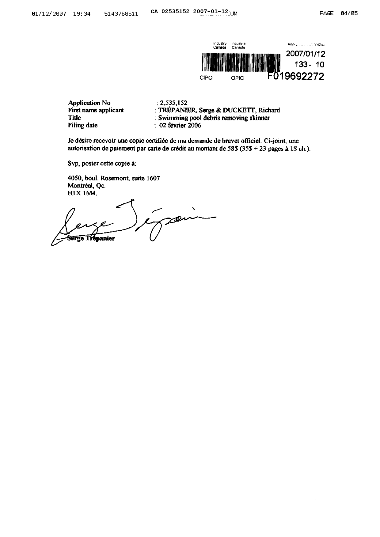 Document de brevet canadien 2535152. Correspondance 20070112. Image 2 de 5