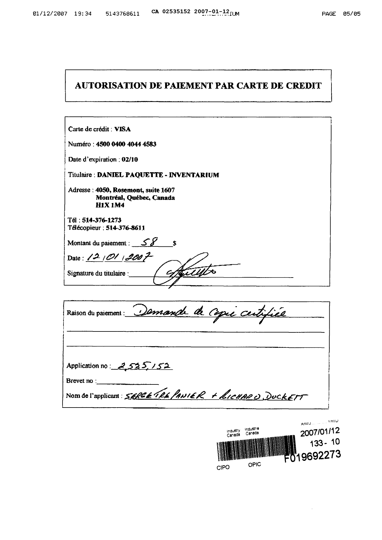 Document de brevet canadien 2535152. Correspondance 20070112. Image 5 de 5