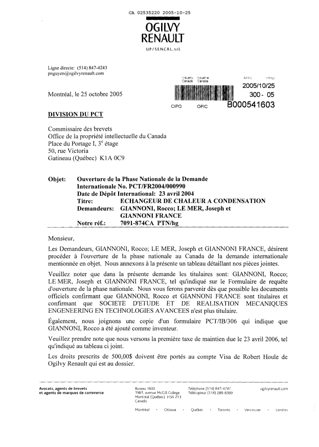 Document de brevet canadien 2535220. Cession 20051025. Image 1 de 7