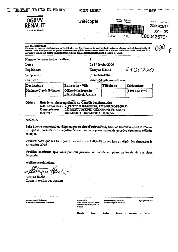 Document de brevet canadien 2535220. Correspondance 20060217. Image 1 de 3