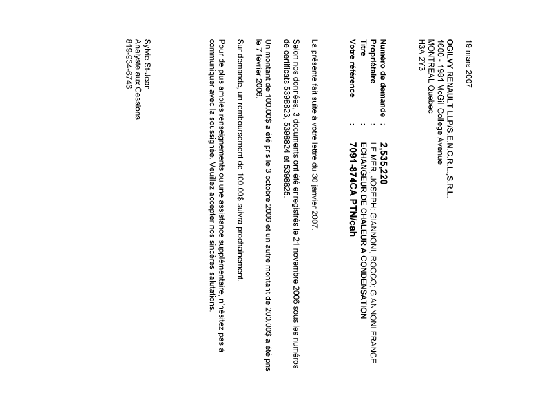Canadian Patent Document 2535220. Correspondence 20070319. Image 1 of 1