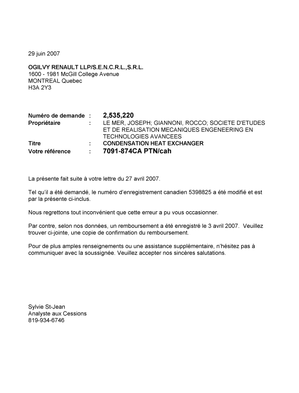 Document de brevet canadien 2535220. Correspondance 20070629. Image 1 de 1