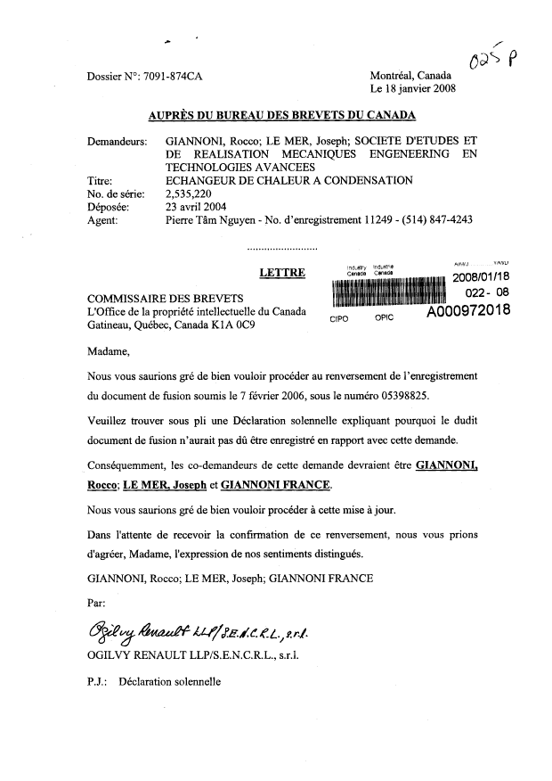 Document de brevet canadien 2535220. Cession 20080118. Image 1 de 4