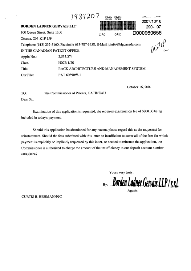 Canadian Patent Document 2535374. Prosecution-Amendment 20071016. Image 1 of 1
