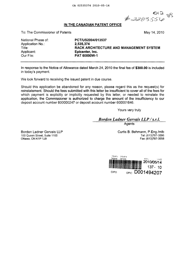 Canadian Patent Document 2535374. Correspondence 20100514. Image 1 of 1