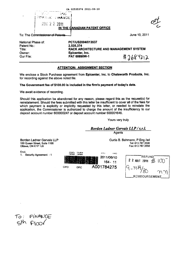 Canadian Patent Document 2535374. Assignment 20110822. Image 1 of 9