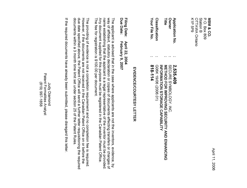 Canadian Patent Document 2535409. Correspondence 20060410. Image 1 of 1