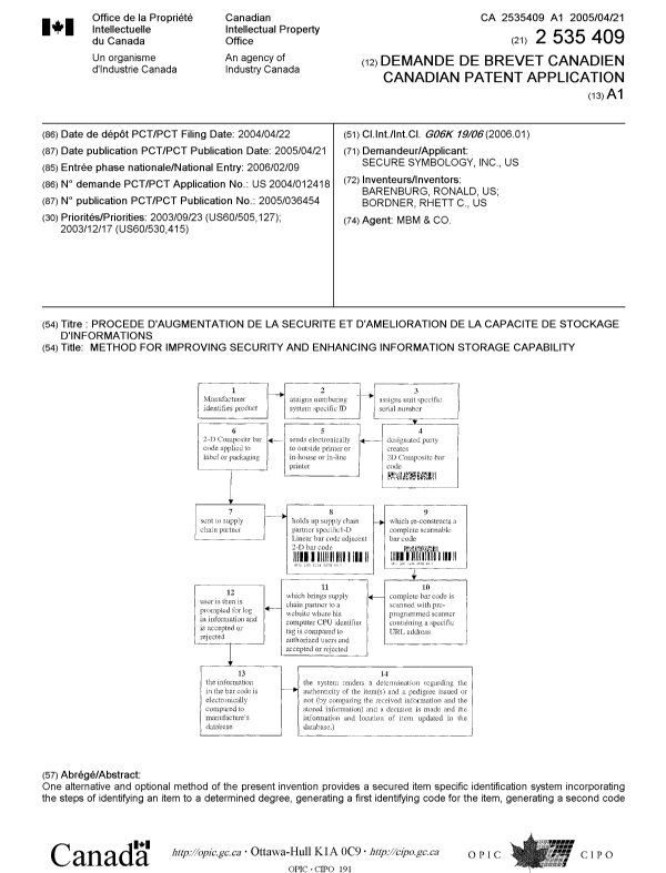 Document de brevet canadien 2535409. Page couverture 20060412. Image 1 de 2