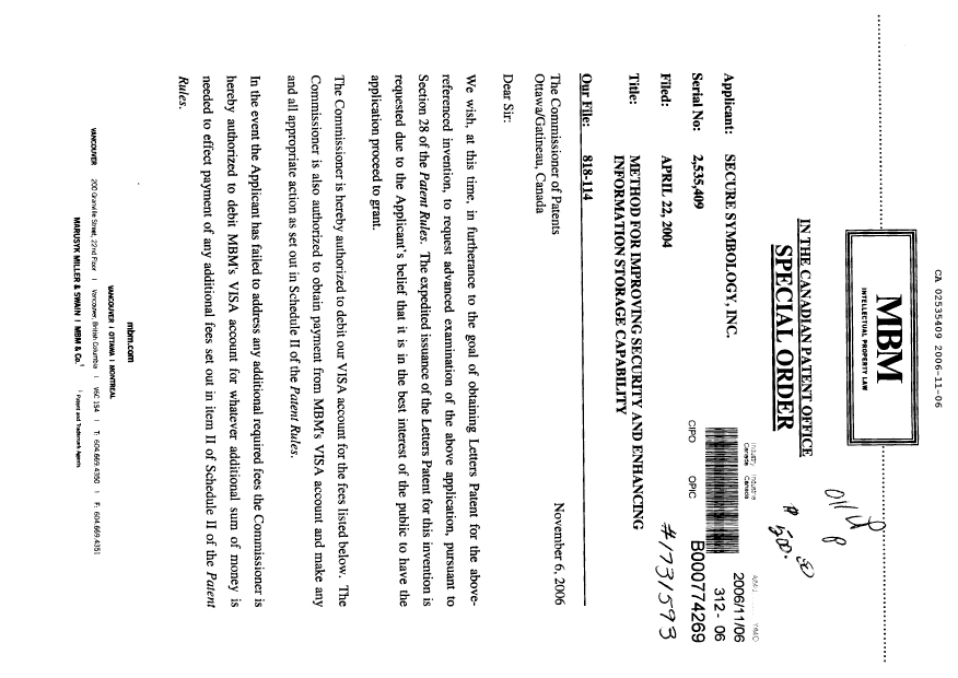 Canadian Patent Document 2535409. Prosecution-Amendment 20061106. Image 1 of 2