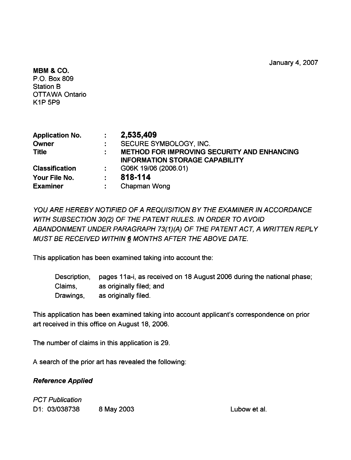 Canadian Patent Document 2535409. Prosecution-Amendment 20070104. Image 1 of 3