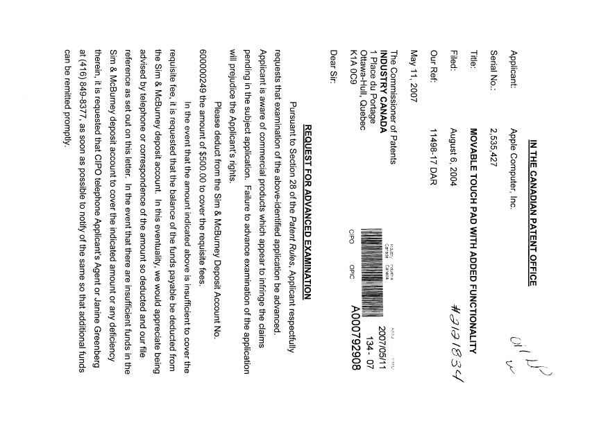 Document de brevet canadien 2535427. Poursuite-Amendment 20070511. Image 1 de 2