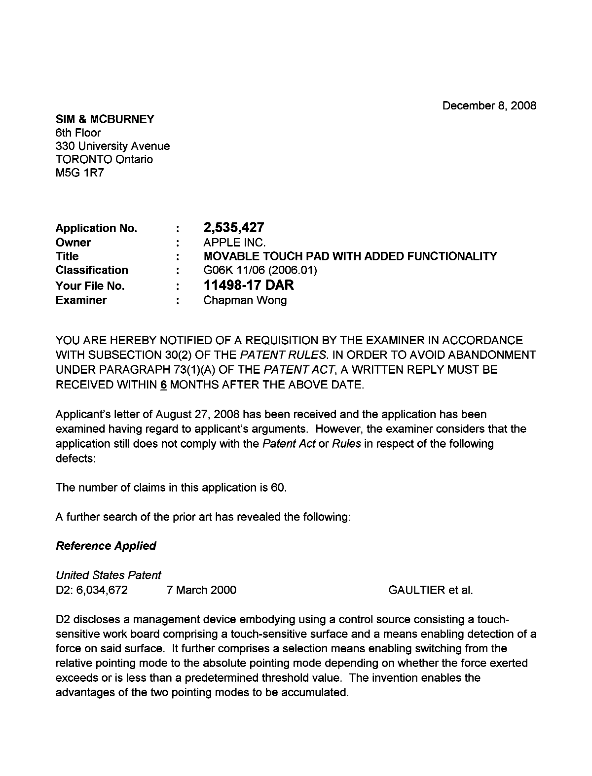 Canadian Patent Document 2535427. Prosecution-Amendment 20081208. Image 1 of 2