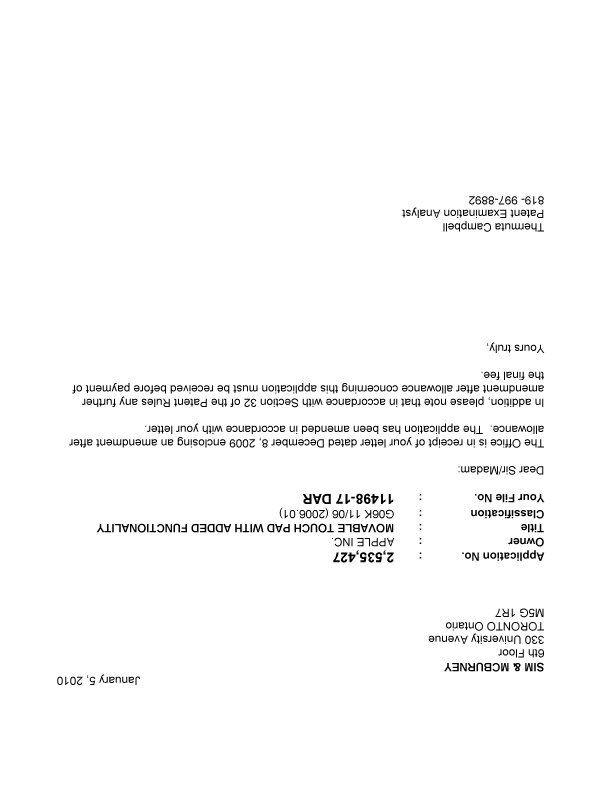 Canadian Patent Document 2535427. Prosecution-Amendment 20100105. Image 1 of 1