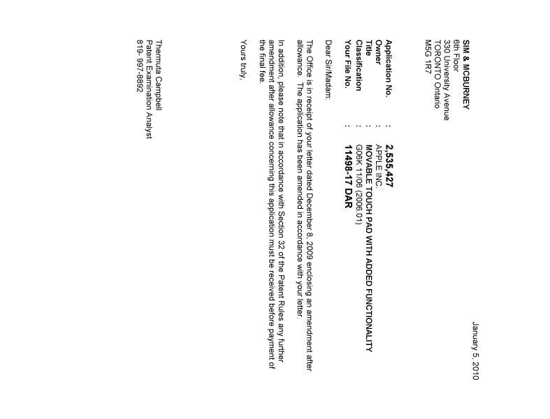 Document de brevet canadien 2535427. Poursuite-Amendment 20100105. Image 1 de 1
