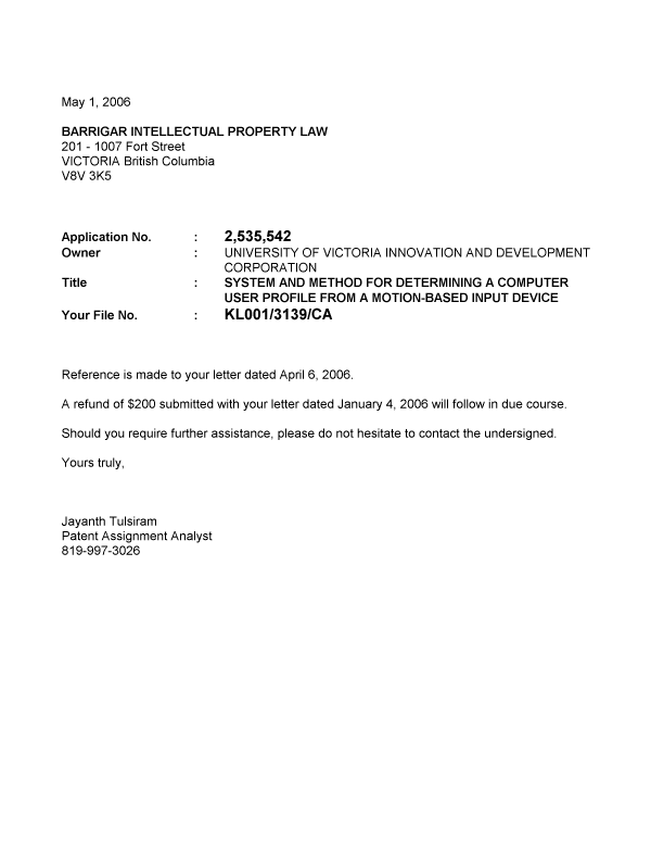 Canadian Patent Document 2535542. Correspondence 20060501. Image 1 of 1
