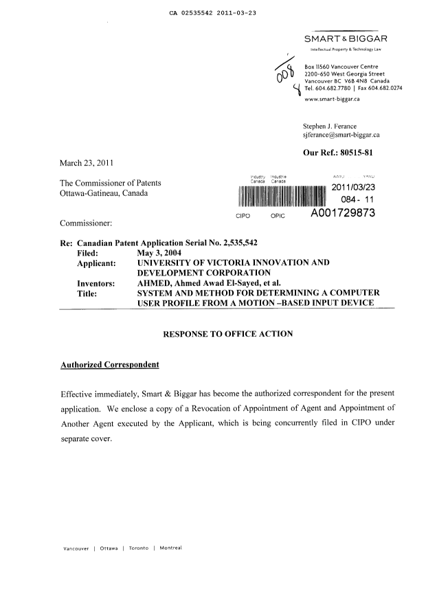 Canadian Patent Document 2535542. Prosecution-Amendment 20110323. Image 1 of 29