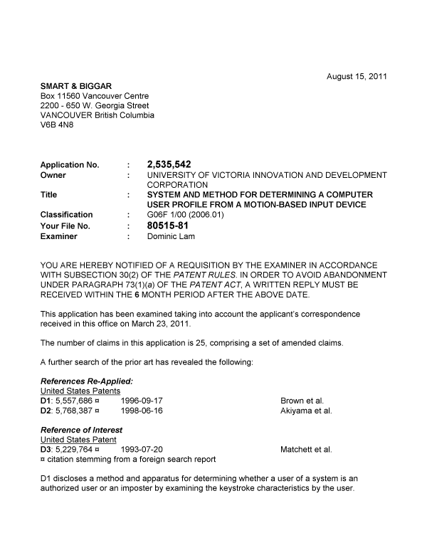 Canadian Patent Document 2535542. Prosecution-Amendment 20110815. Image 1 of 3