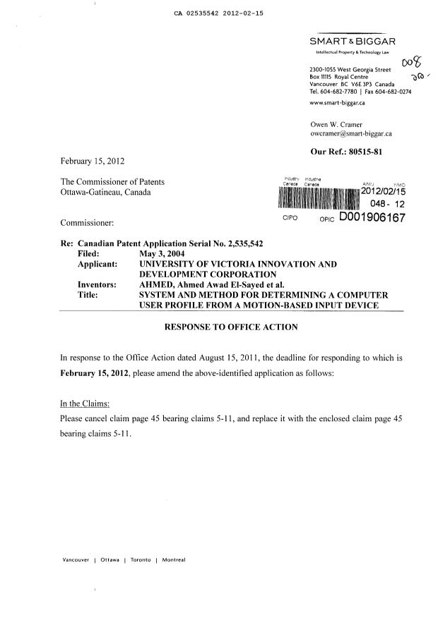 Canadian Patent Document 2535542. Prosecution-Amendment 20120215. Image 1 of 9