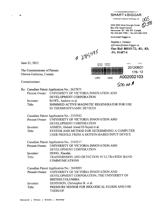Canadian Patent Document 2535542. Assignment 20120621. Image 1 of 4