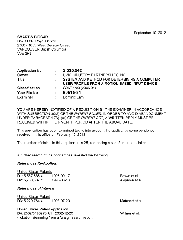 Canadian Patent Document 2535542. Prosecution-Amendment 20120910. Image 1 of 4