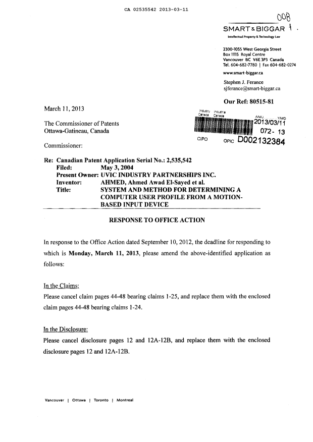 Canadian Patent Document 2535542. Prosecution-Amendment 20130311. Image 1 of 25