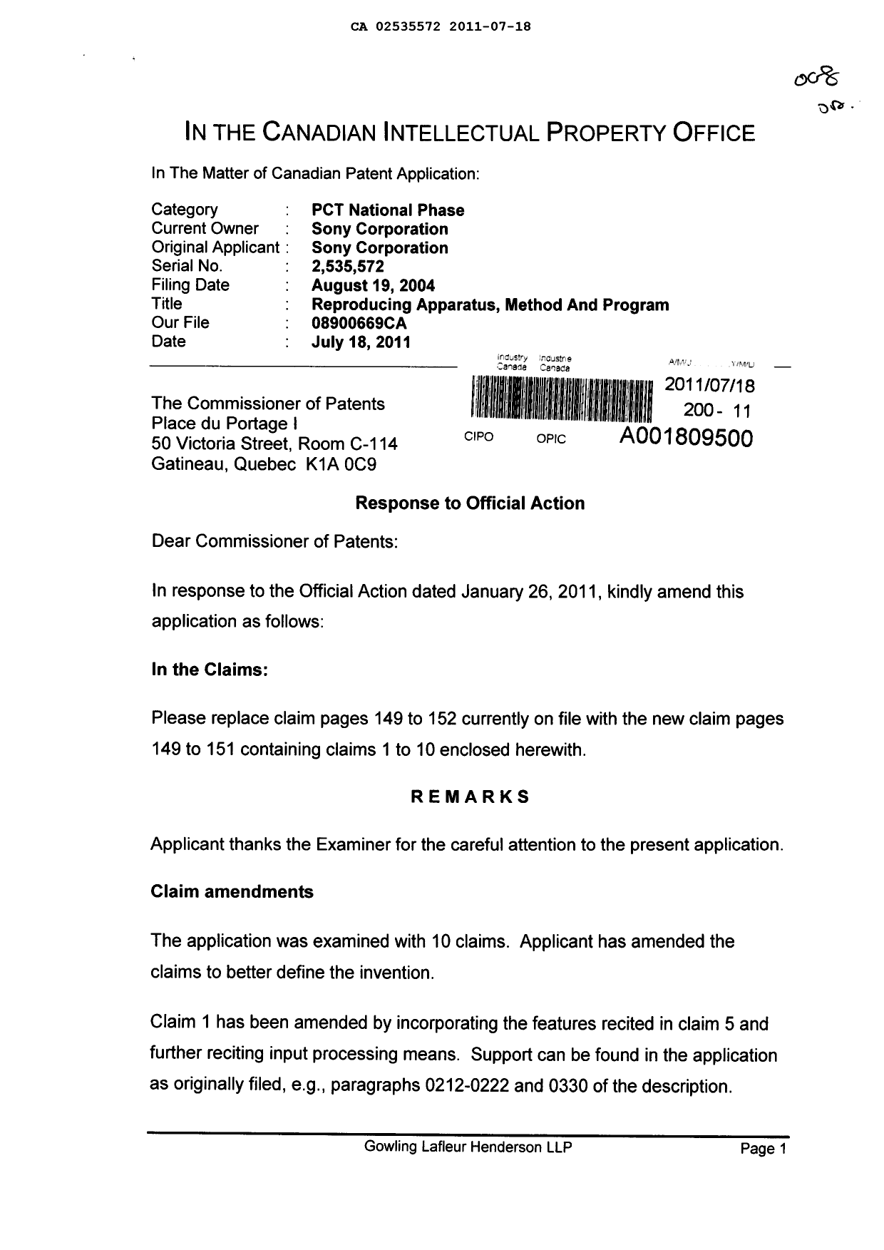 Document de brevet canadien 2535572. Poursuite-Amendment 20110718. Image 1 de 7