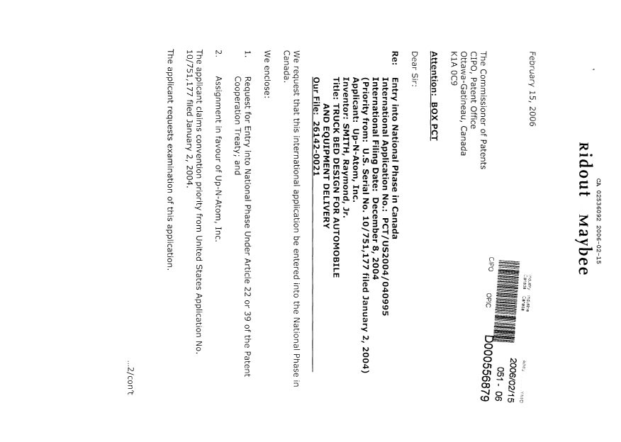 Document de brevet canadien 2536092. Cession 20060215. Image 1 de 8