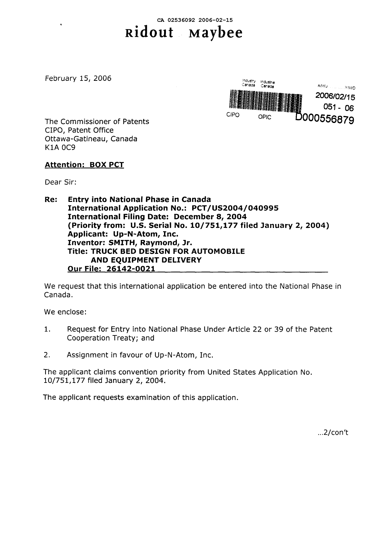 Document de brevet canadien 2536092. Cession 20060215. Image 1 de 8