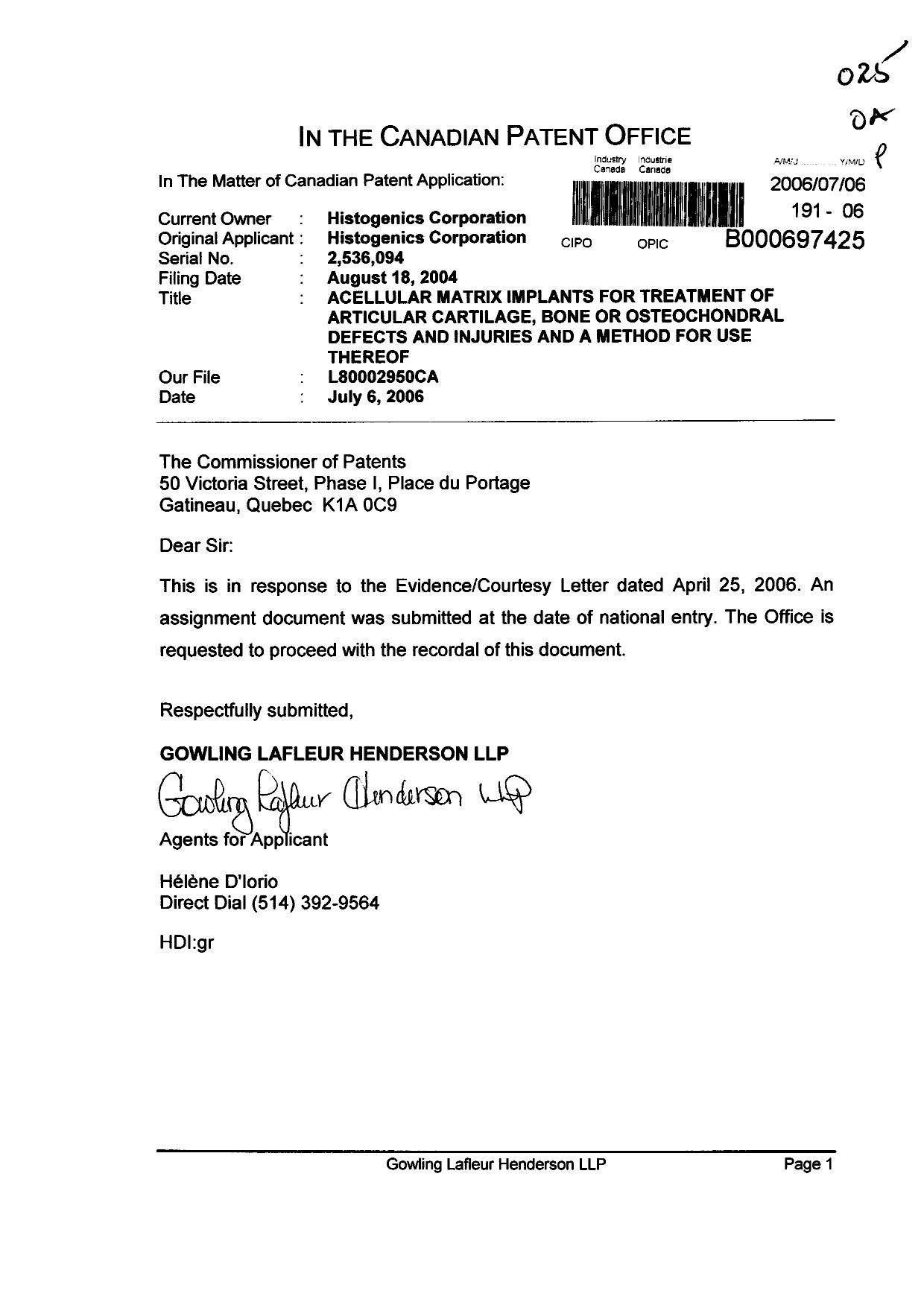 Document de brevet canadien 2536094. Cession 20060706. Image 1 de 1