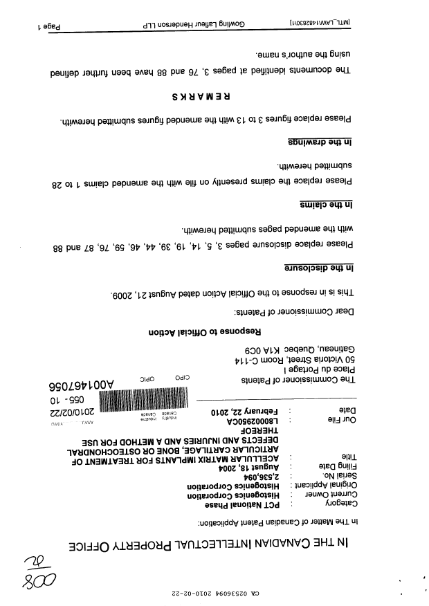 Canadian Patent Document 2536094. Prosecution-Amendment 20100222. Image 1 of 26