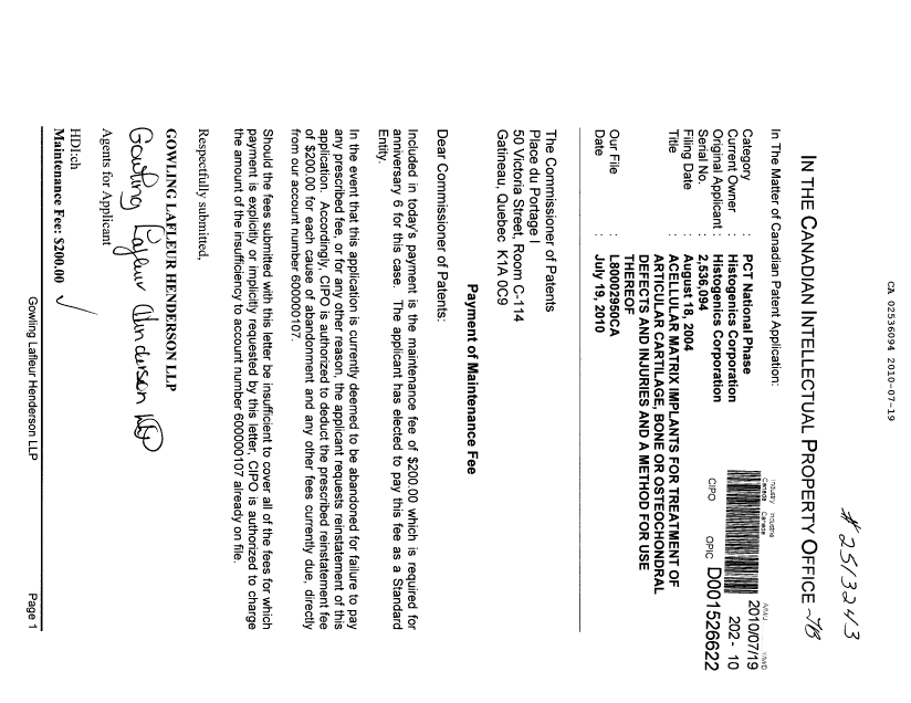 Document de brevet canadien 2536094. Taxes 20100719. Image 1 de 1