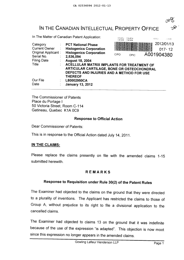 Canadian Patent Document 2536094. Prosecution-Amendment 20120113. Image 1 of 7