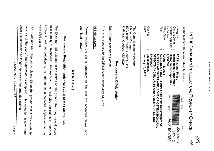 Document de brevet canadien 2536094. Poursuite-Amendment 20120113. Image 1 de 7