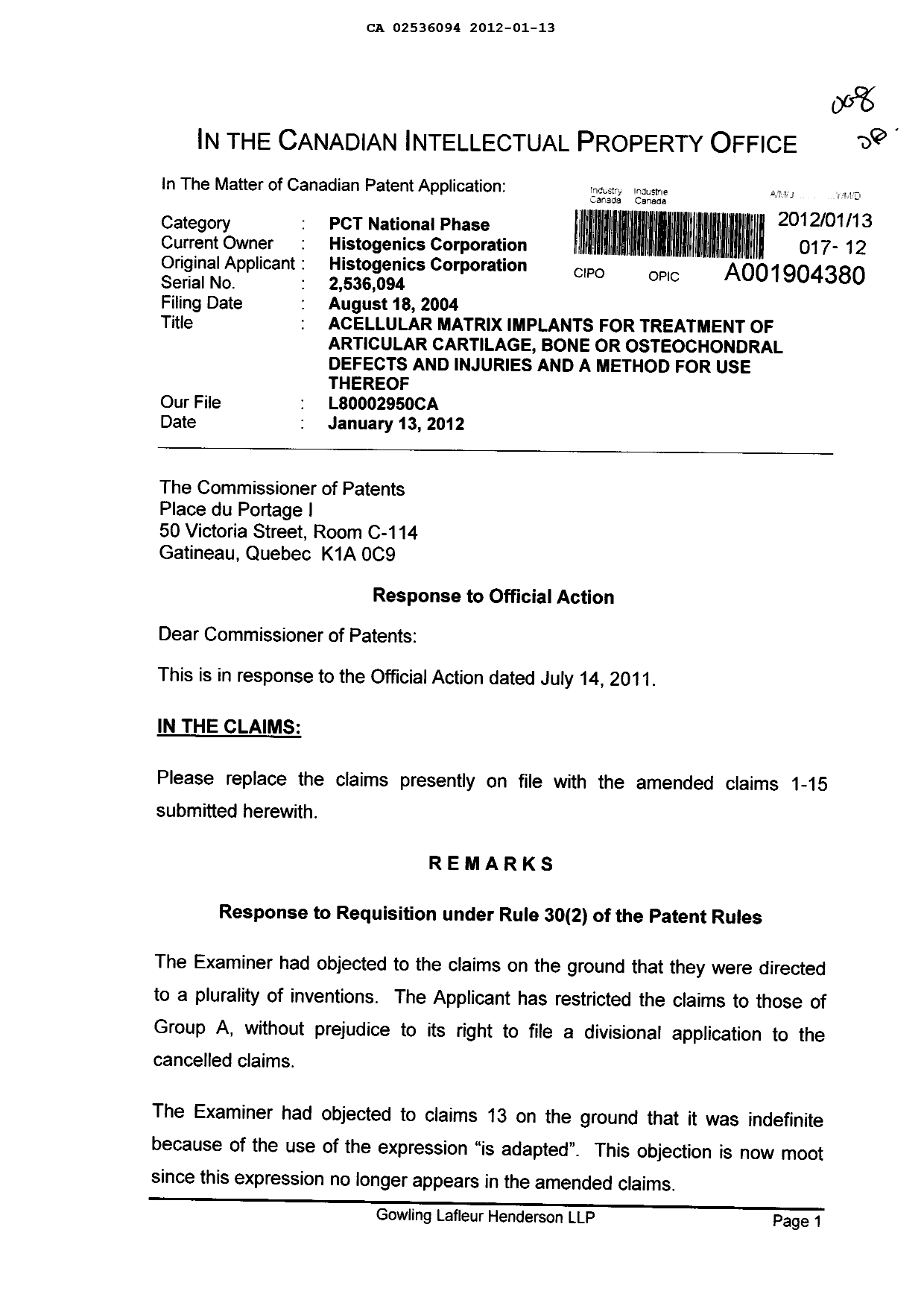 Document de brevet canadien 2536094. Poursuite-Amendment 20120113. Image 1 de 7
