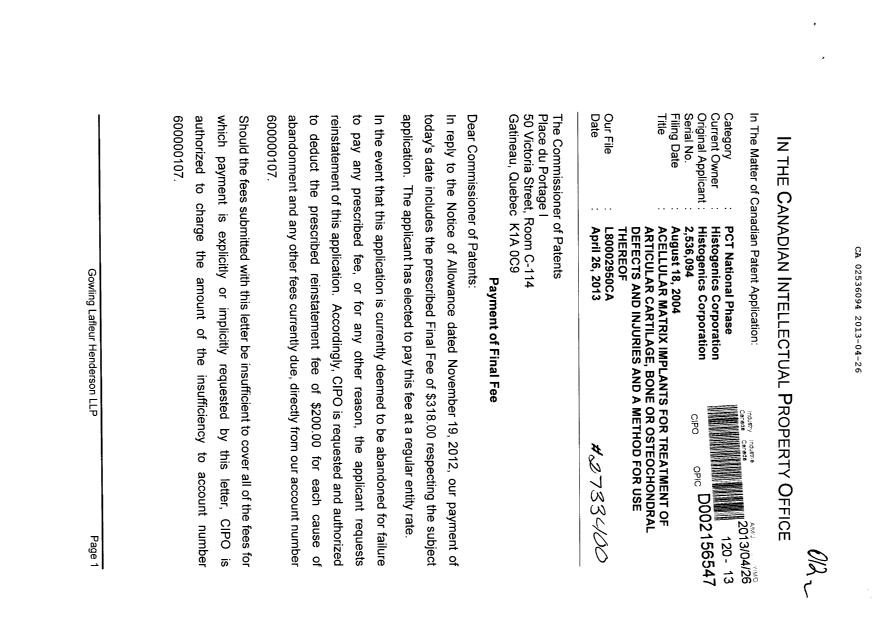 Document de brevet canadien 2536094. Correspondance 20130426. Image 1 de 2