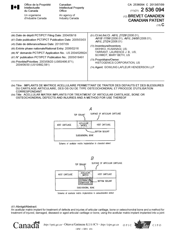 Document de brevet canadien 2536094. Page couverture 20130619. Image 1 de 2
