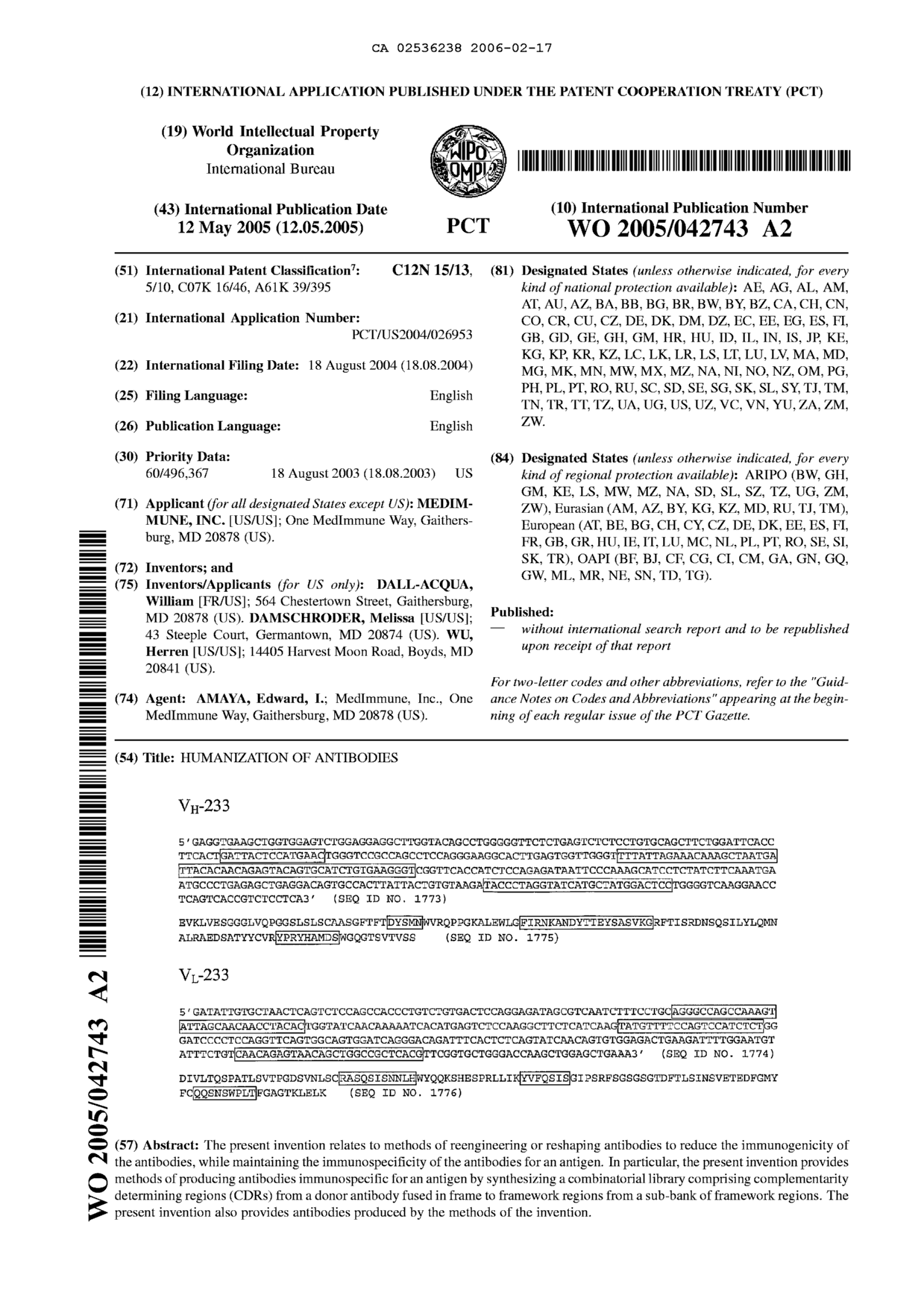 Document de brevet canadien 2536238. Abrégé 20060217. Image 1 de 1