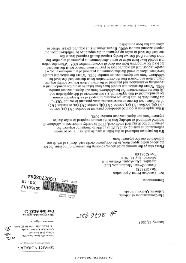 Canadian Patent Document 2536238. Correspondence 20150112. Image 1 of 2