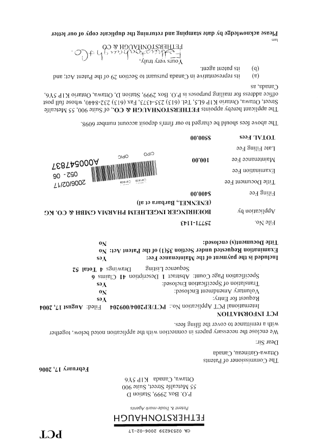 Document de brevet canadien 2536239. Cession 20060217. Image 1 de 2
