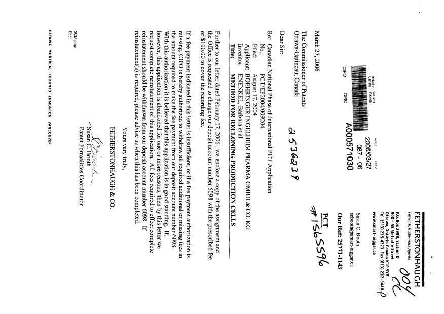 Document de brevet canadien 2536239. Cession 20060327. Image 1 de 3