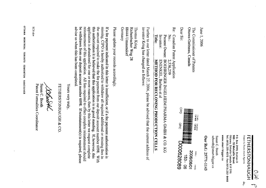 Document de brevet canadien 2536239. Correspondance 20060601. Image 1 de 1