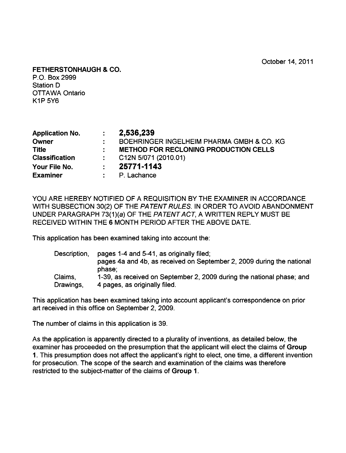 Document de brevet canadien 2536239. Poursuite-Amendment 20111014. Image 1 de 5